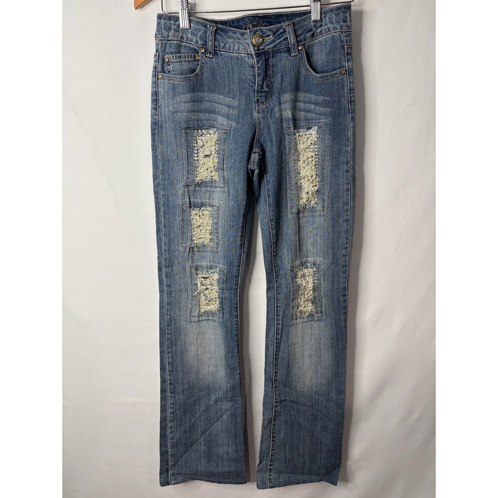 Cache Y2K Distressed Rhinestone Embellished Jeans Sz 2 Straight Leg Grunge VTG